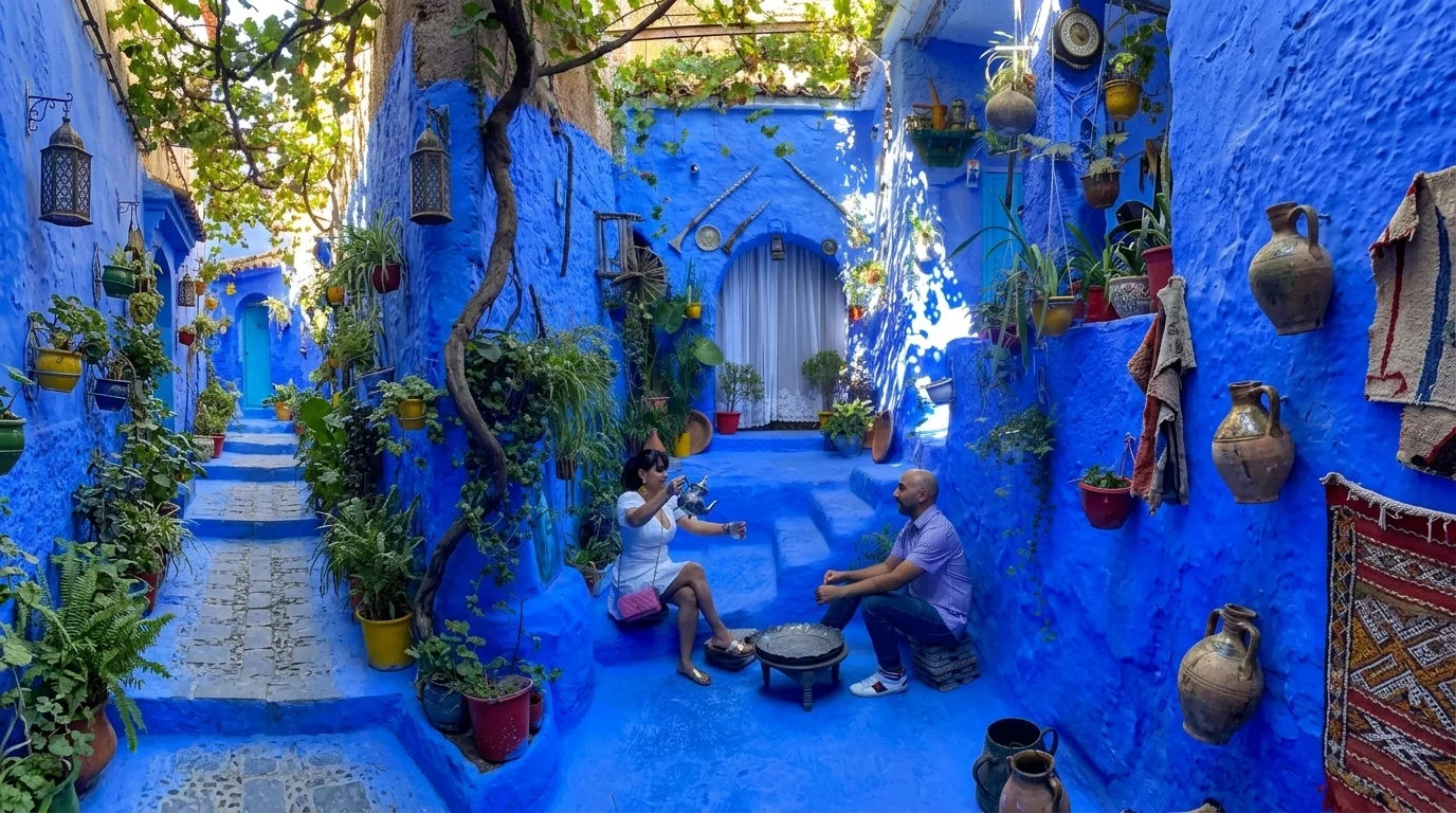 A professional guide leading a private group through the blue streets of Chefchaouen