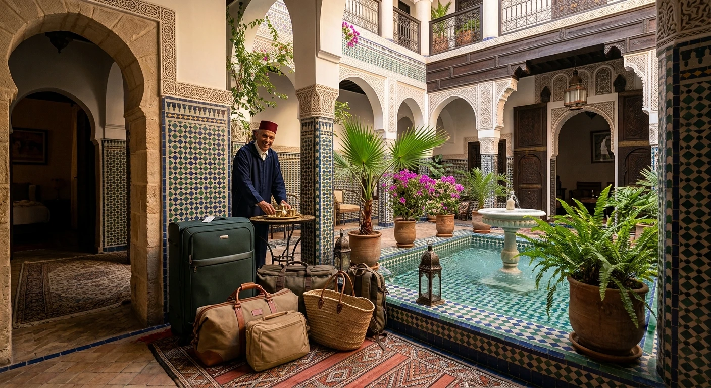 A traditional Moroccan riad courtyard with a fountain and luggage neatly placed nearby. Alt Text_ Managing luggage efficiently using the Morocco Tipping Guide and Local Customs for Travelers