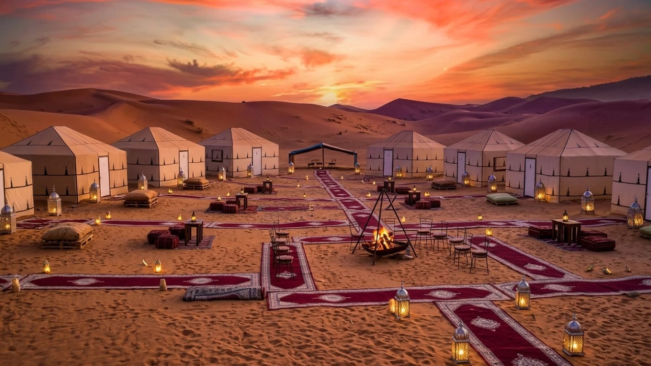 Luxury desert camp surrounded by Merzouga dunes at sunset